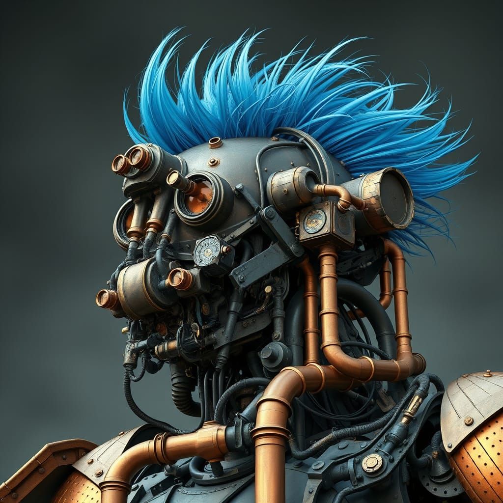 Gigantic Mechanical Construct with Vibrant Blue Hair