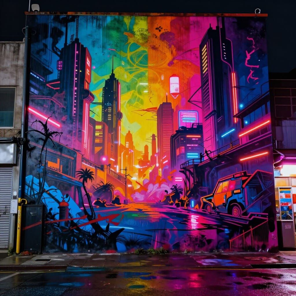 Cyberpunk Landscape Mural With Neon Lights and Wet Reflectio...