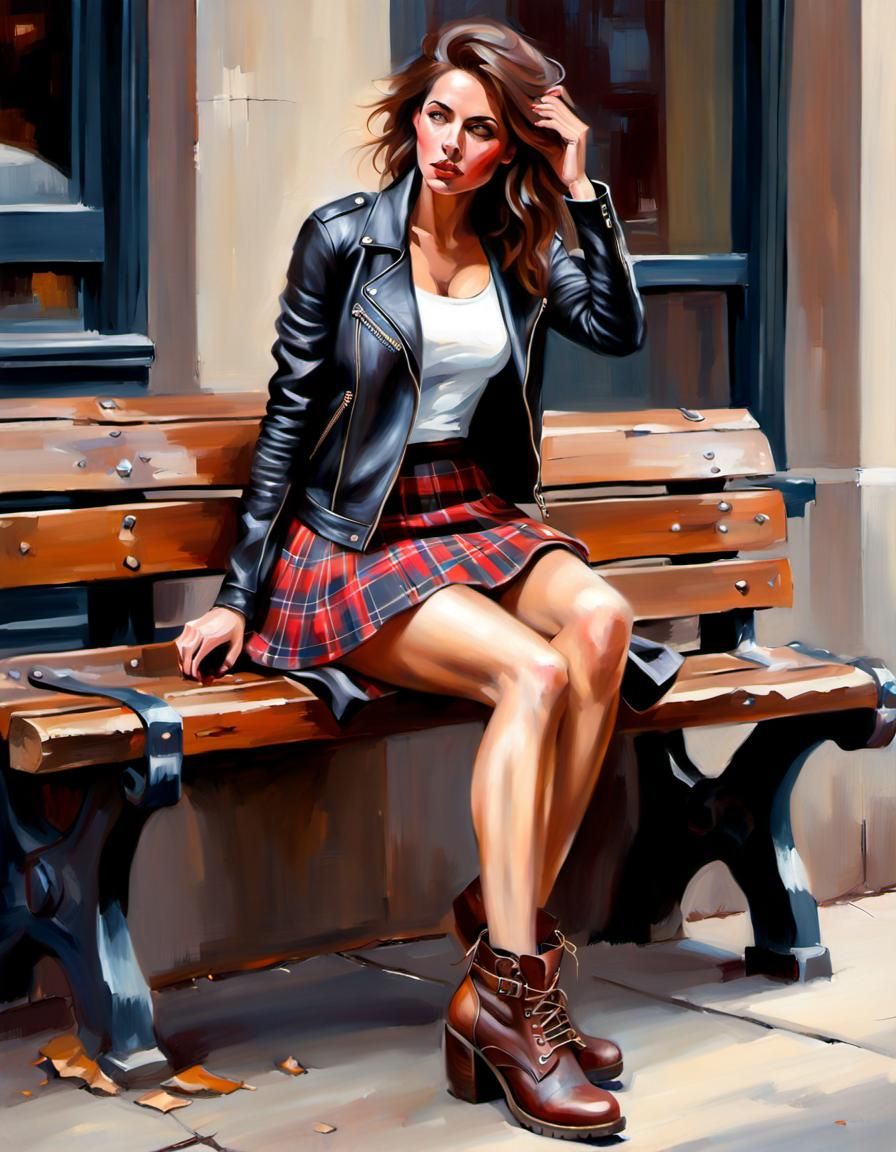 Hipster Girl in Plaid Skirt Sitting on Bench Painting