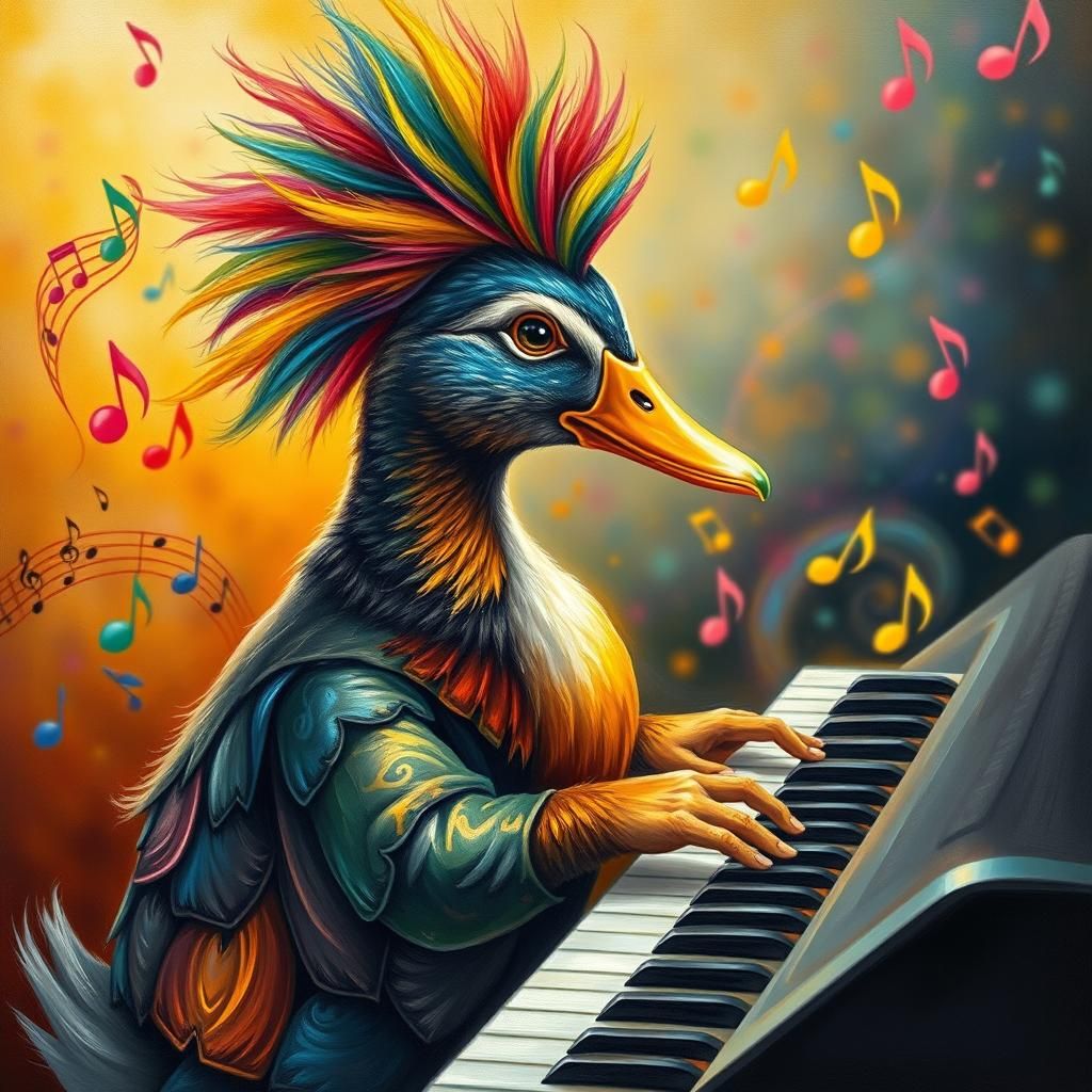 Surreal Duck Musician in Colorful Oil Painting