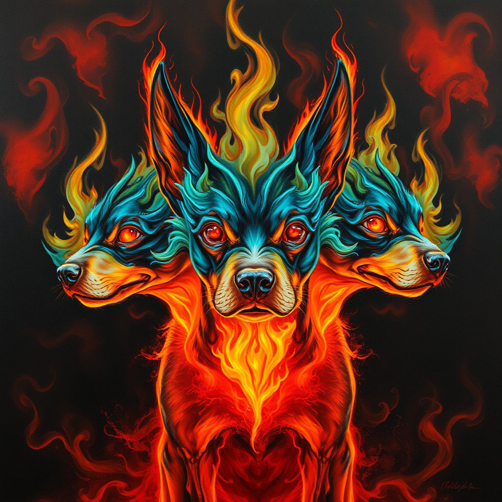 Fiery Cerberus in Dark Surrealist Style