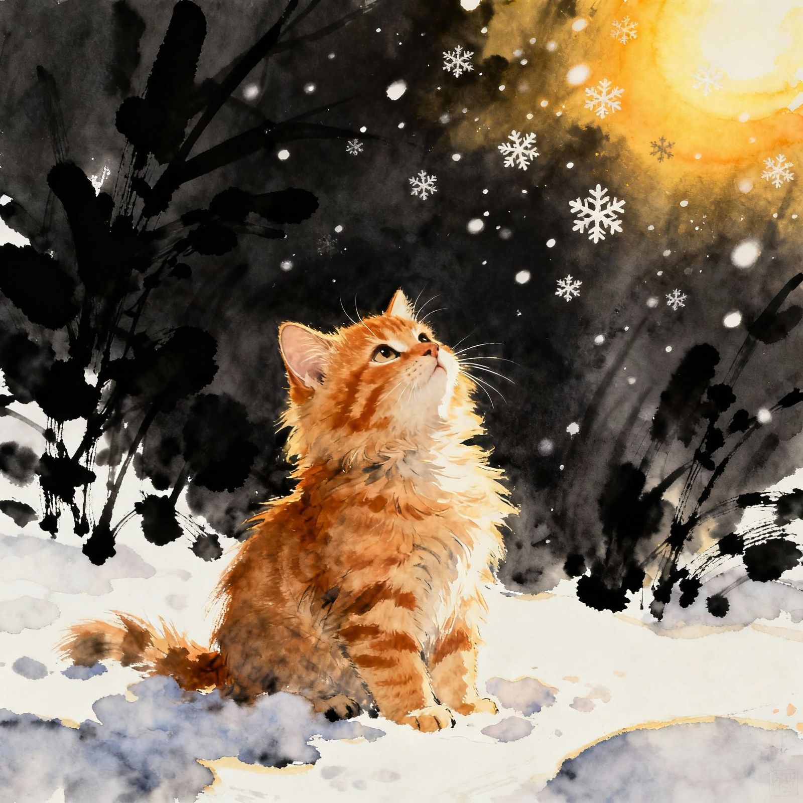 Fluffy Orange Kitten in Snow with Golden Hour Light