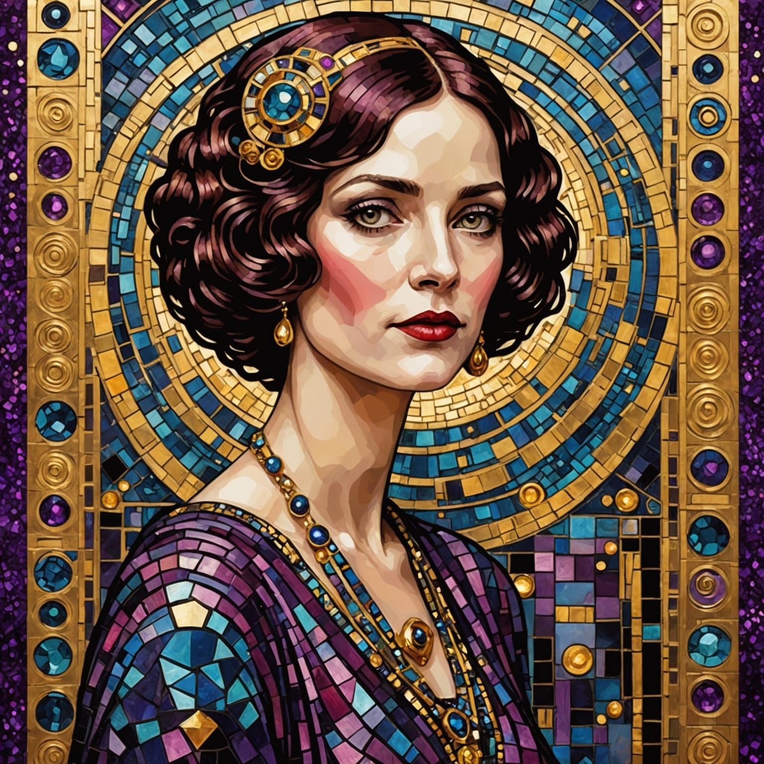 Art Deco Woman in Klimt-Inspired Mixed Media Collage