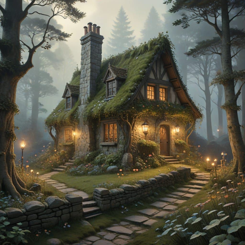 Enchanted Cottage in Forest, Storybook Illustration