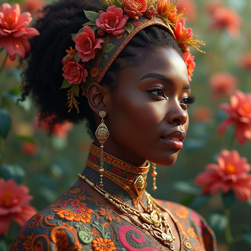 Radiant Woman in Ornate Attire: Hyperrealistic Portrait
