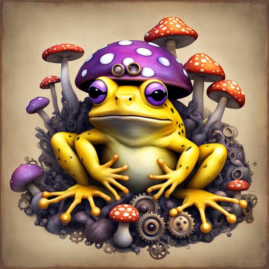 Yellow Frog and Rainbow Mushrooms with Steampunk Engine