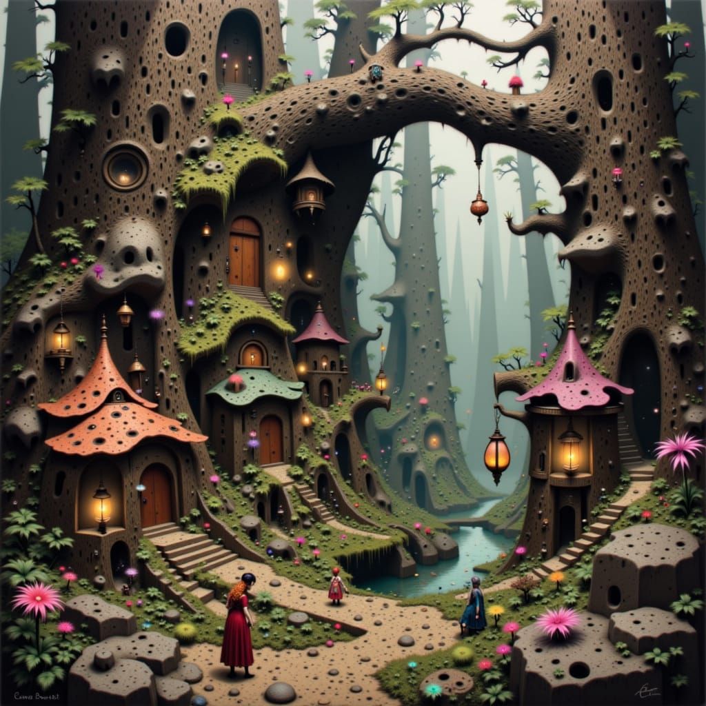 Miniature Fairy Village in Watercolor Style