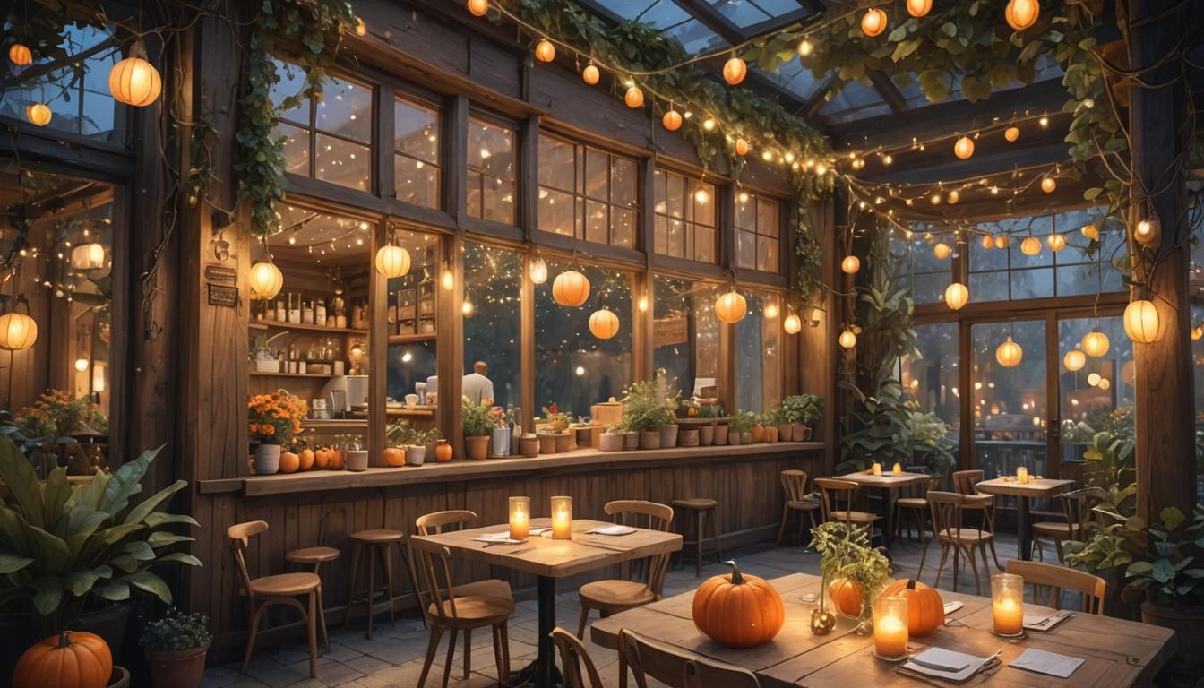 Create a cozy autumn café scene with a calm and inviting atm...