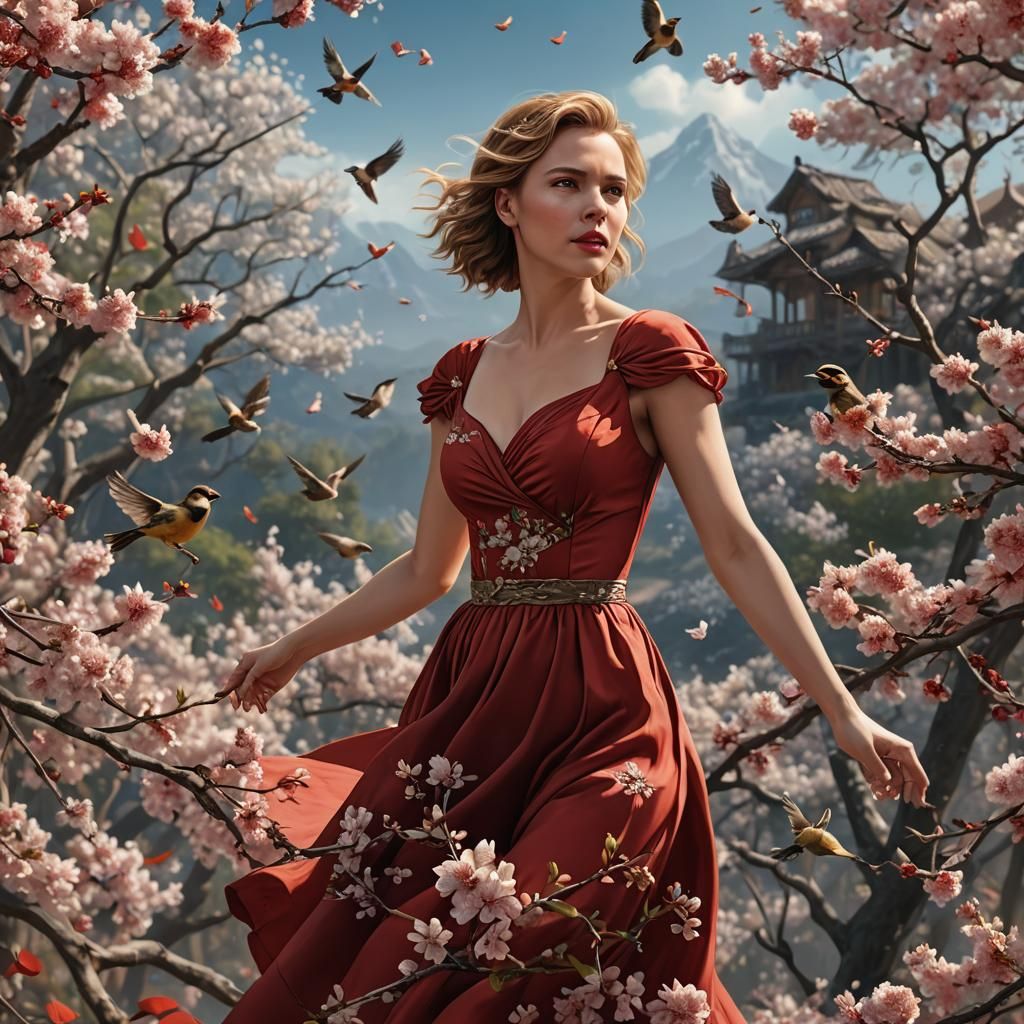 Woman in Red Dress with Birds and Blossoms