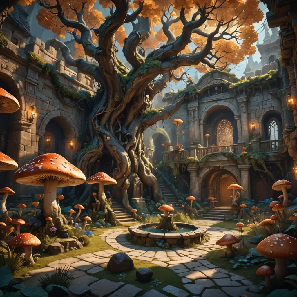 Mystical Fantasy Courtyard with Glowing Flora
