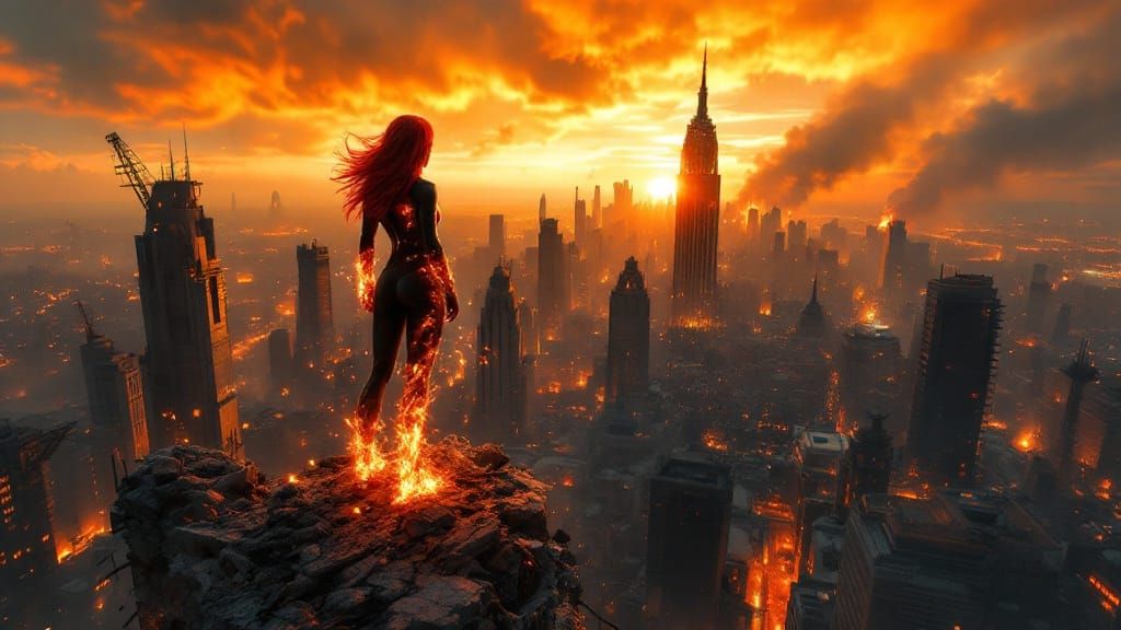 Fire Superheroine in Post-Apocalyptic Cityscape