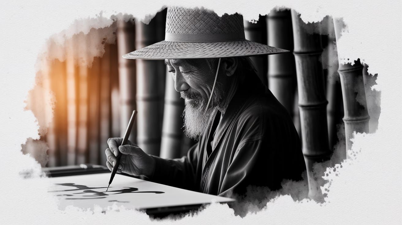 Wet Watercolour Portrait of Chinese Calligrapher in Straw Ha...