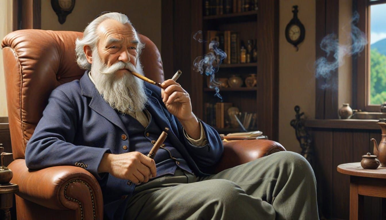 A Jolly Old Man in Traditional German Attire, Enjoying a Pip...