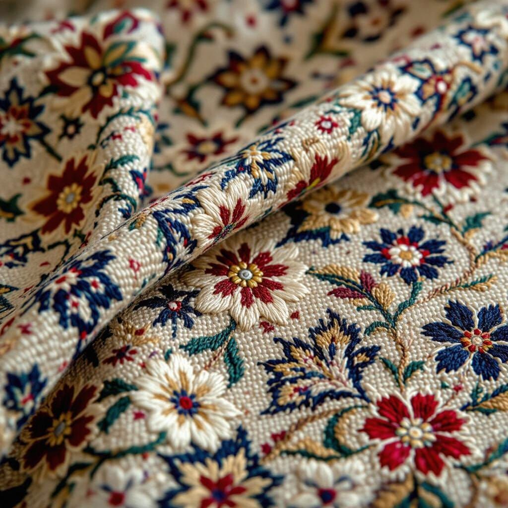 Intricate Handwoven Fibers with Floral Motifs in Red, Gold, ...