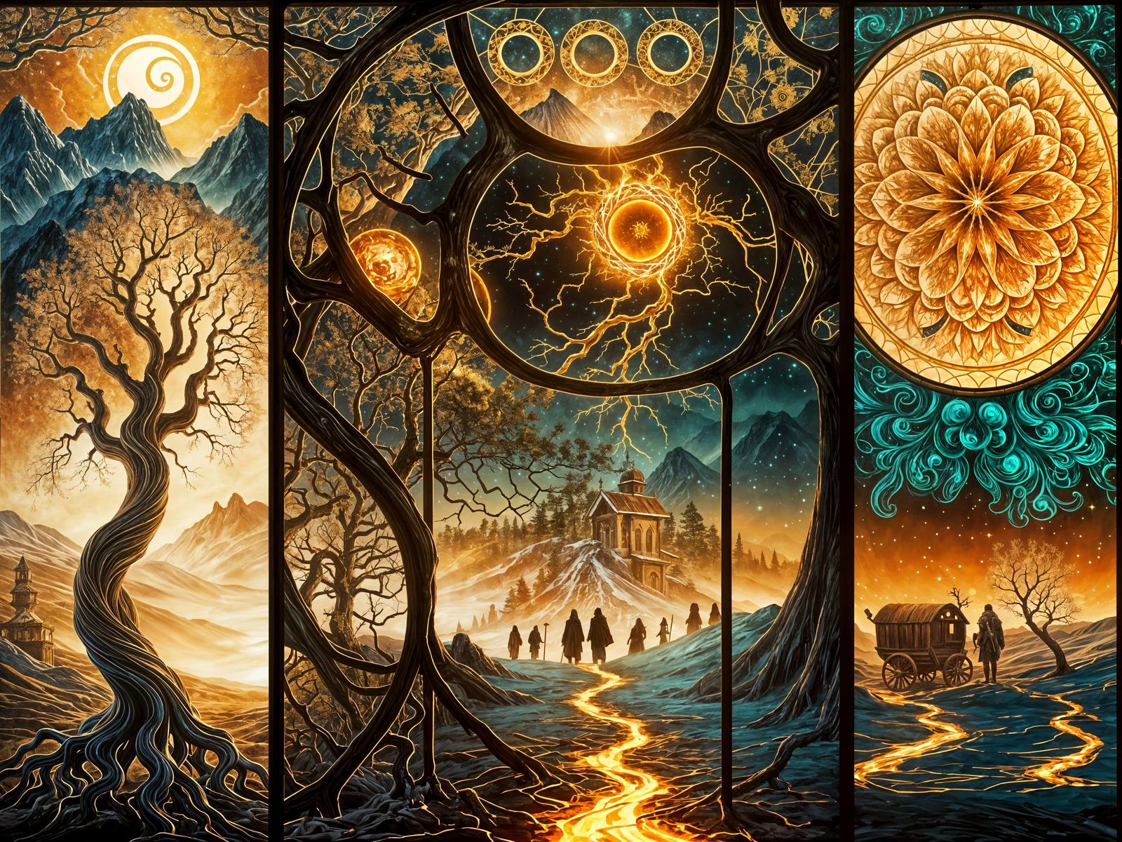 Art Nouveau Triptych with Tree of Light and Amber Sun