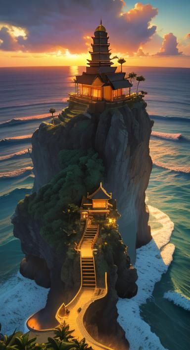 Uluwatu Temple Painting with Impressionist Impasto Textures