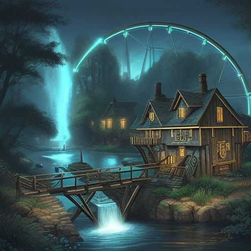A retrofuturistic glowing waterwheel with water flowing over...