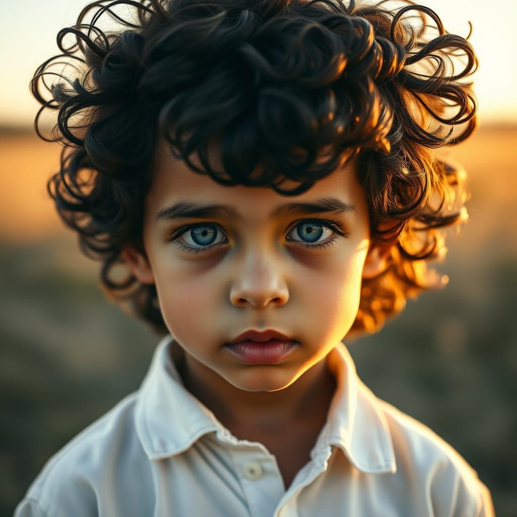 Youthful Renaissance Portrait with Intense Blue Eyes and Exp...