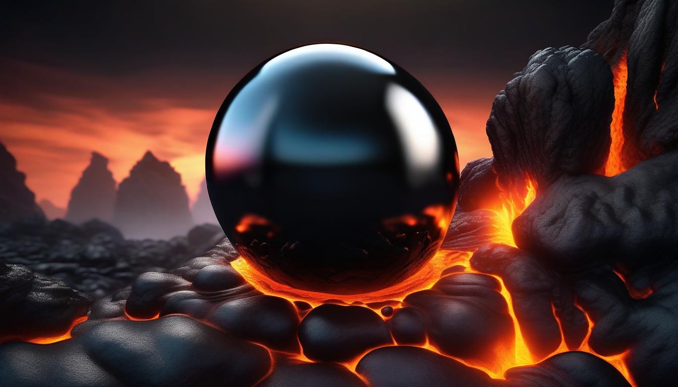 Floating Obsidian Orb in a Dark Fantasy Landscape