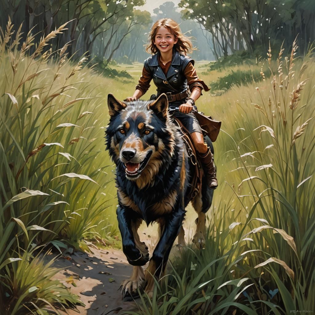 Girl Rides Dire Wolf, Oil Painting in Gurney Style