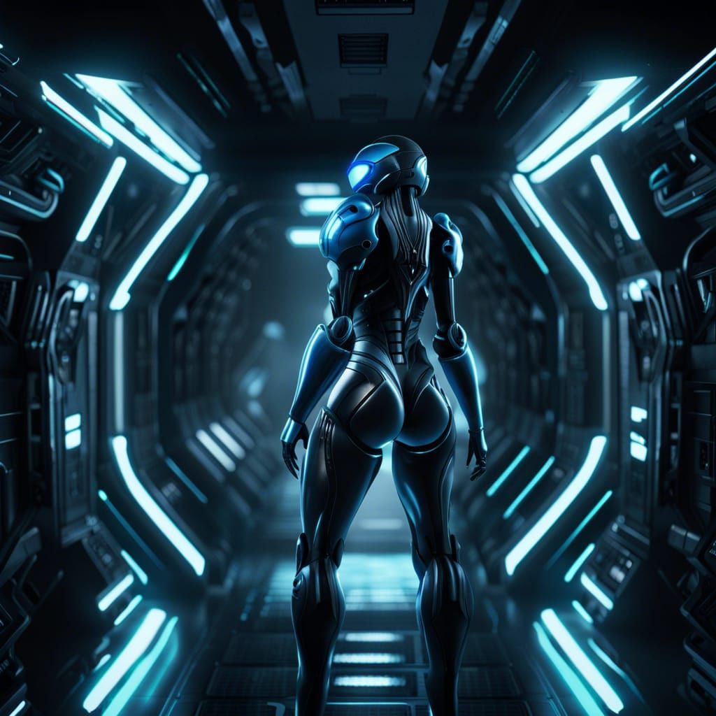 Hyperrealistic Dark Samus in Sci-Fi Interior