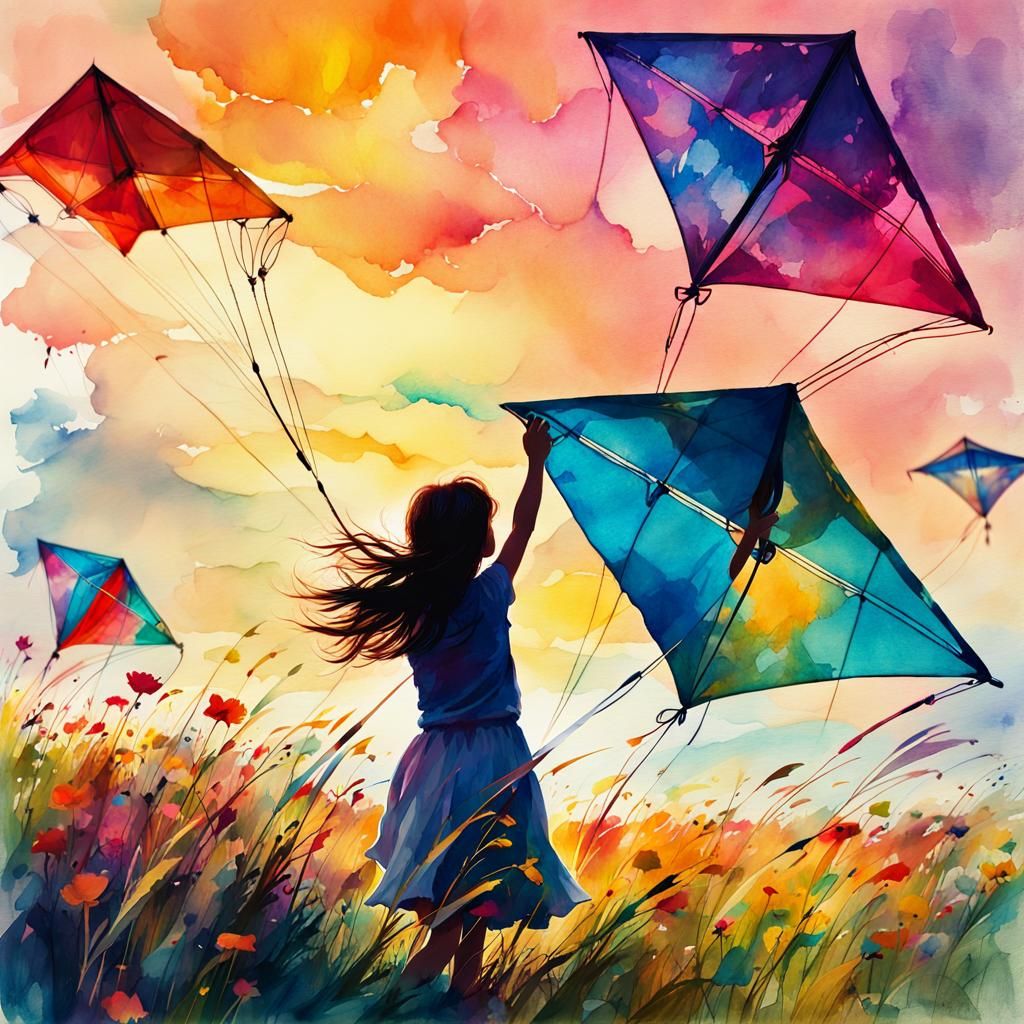 Silhouette Illustration of Girl with Kites in Watercolor