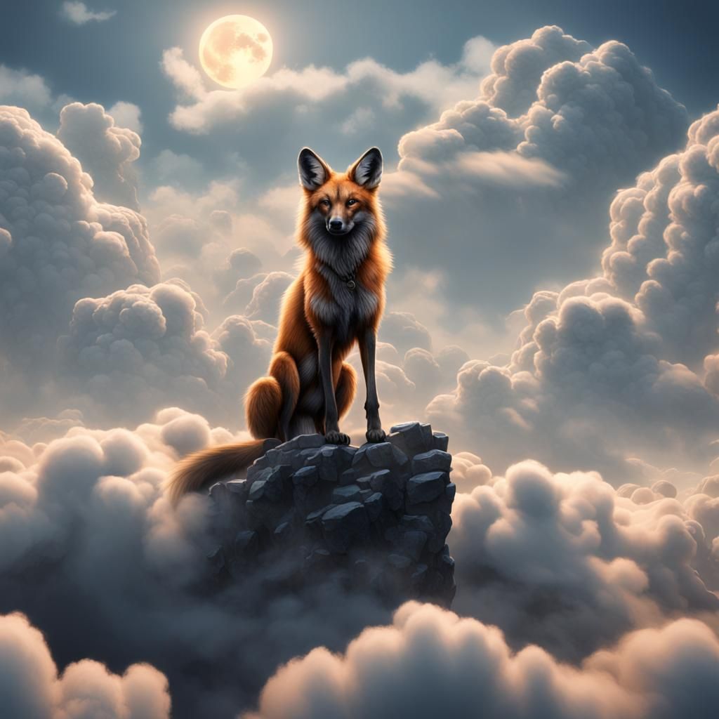 Maned Wolf Ascends in Cloudy Dreamscape