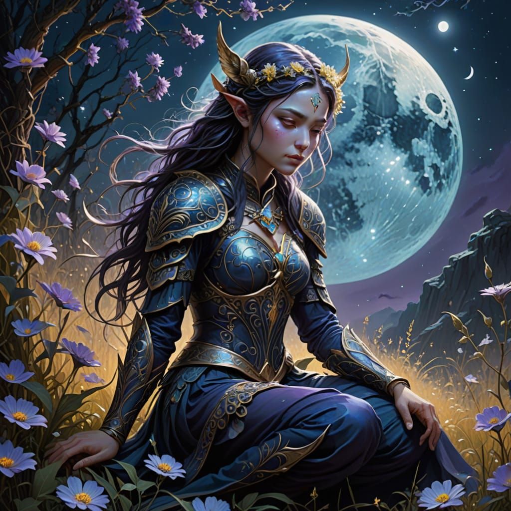 Fae Warrior in Moonlit Field, Mythic Fantasy Art