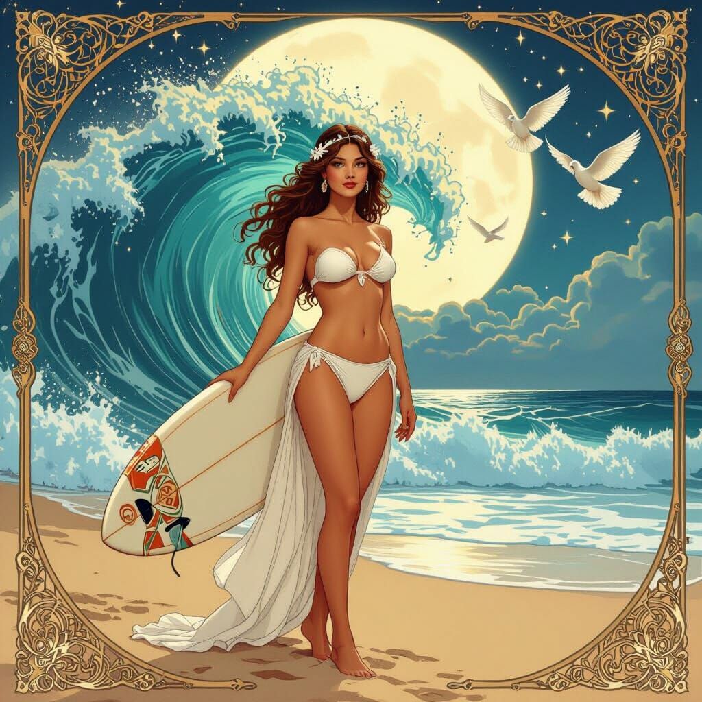 Venus Surfer in Art Nouveau Style