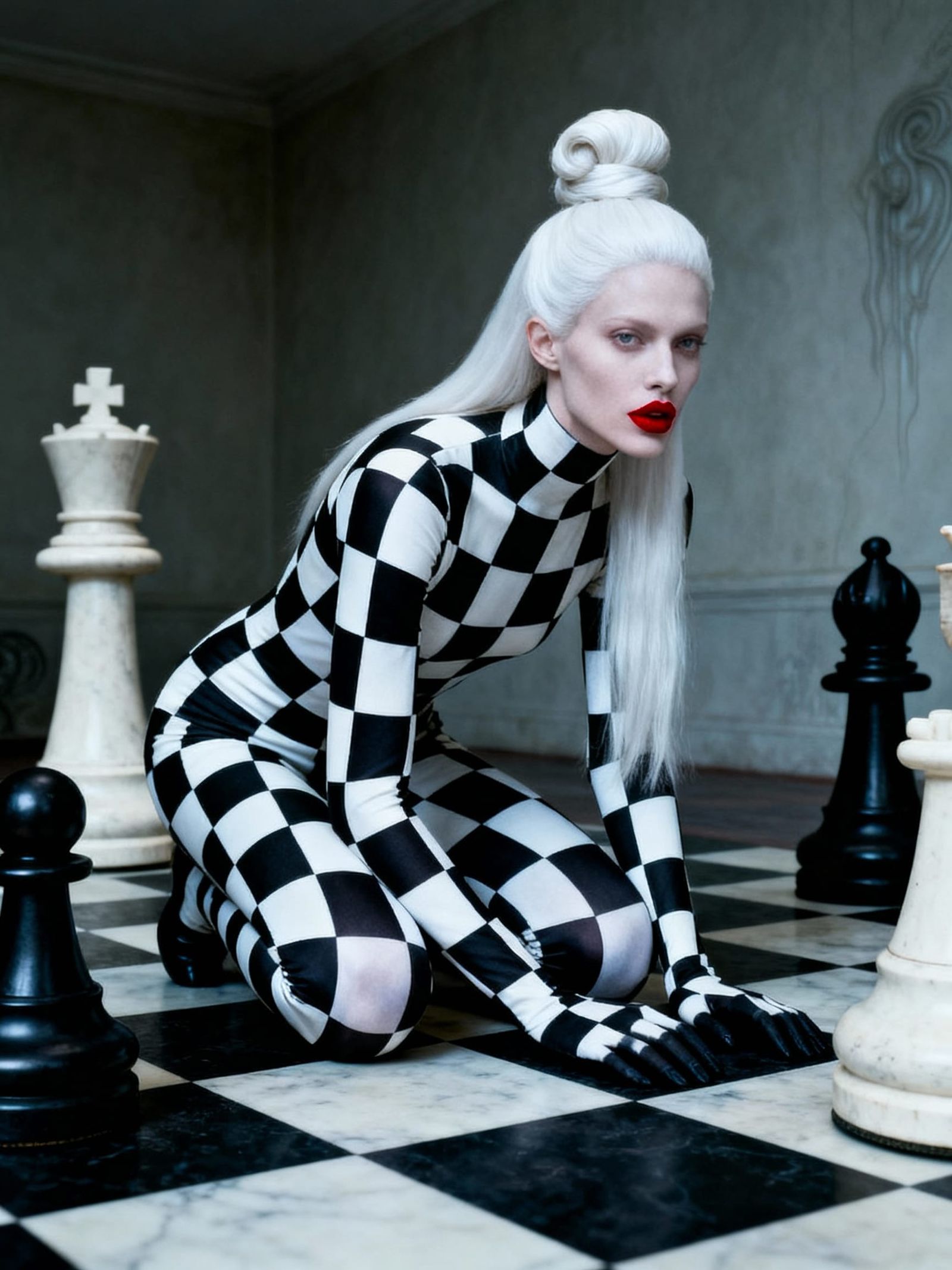 Surreal Figure in Checkered Pattern on Chessboard