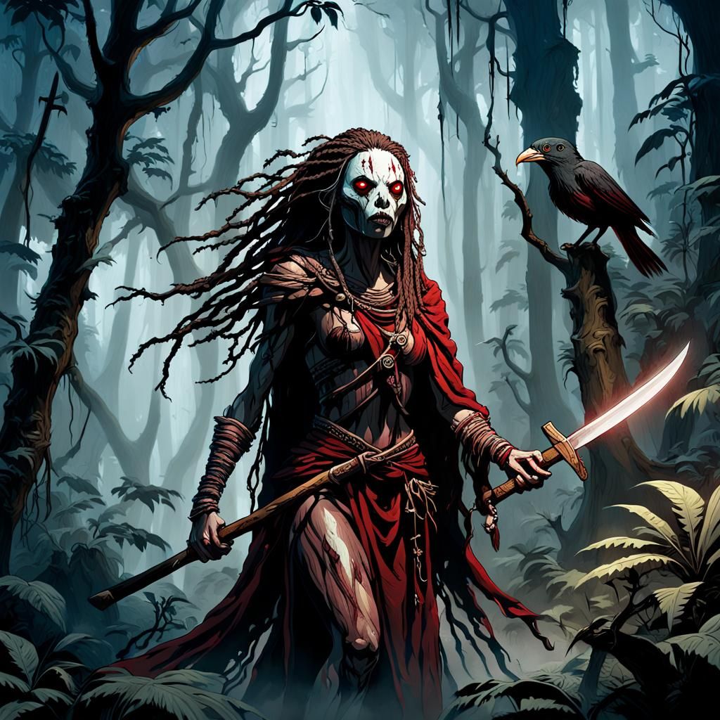 Wooden-Skinned Spirit in Misty Rainforest: Dark Fantasy Art