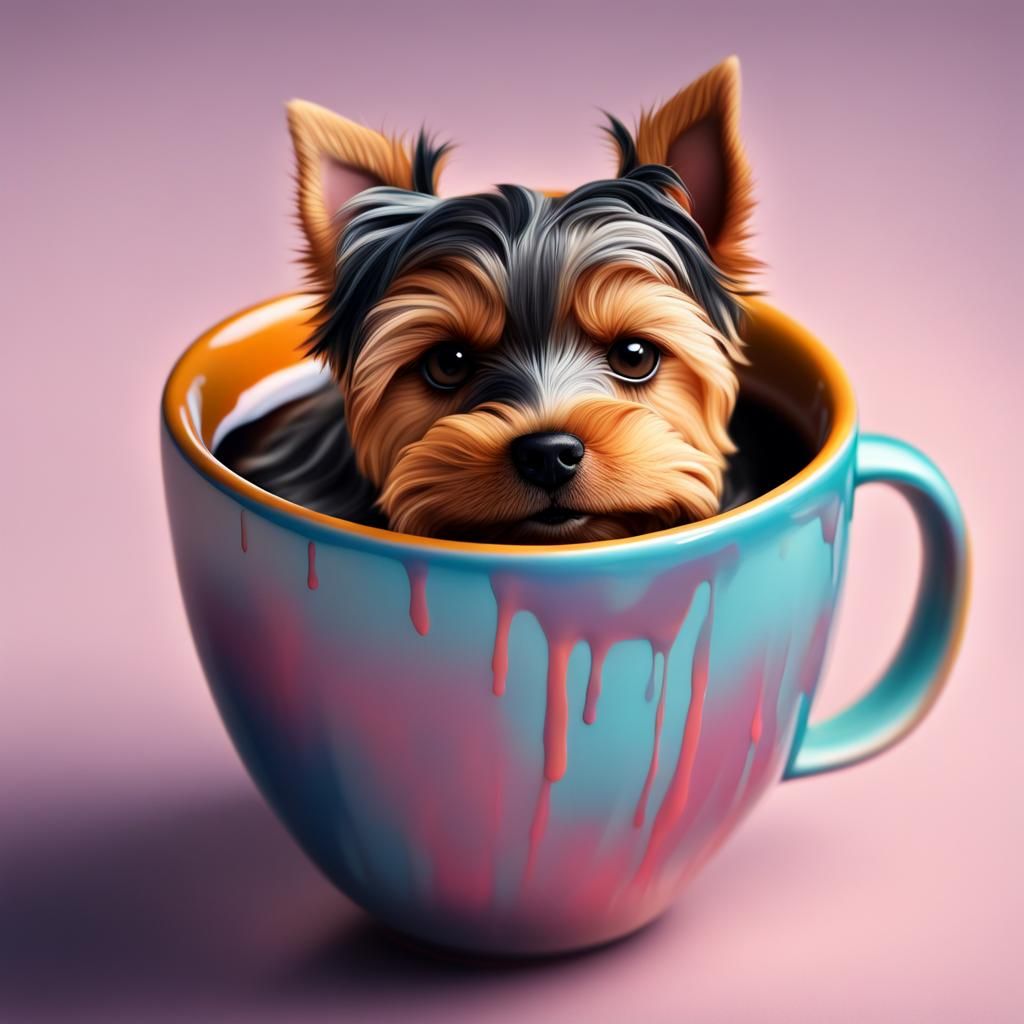 Tiny Yorkshire Terrier in Coffee Cup: Hyperrealistic Art