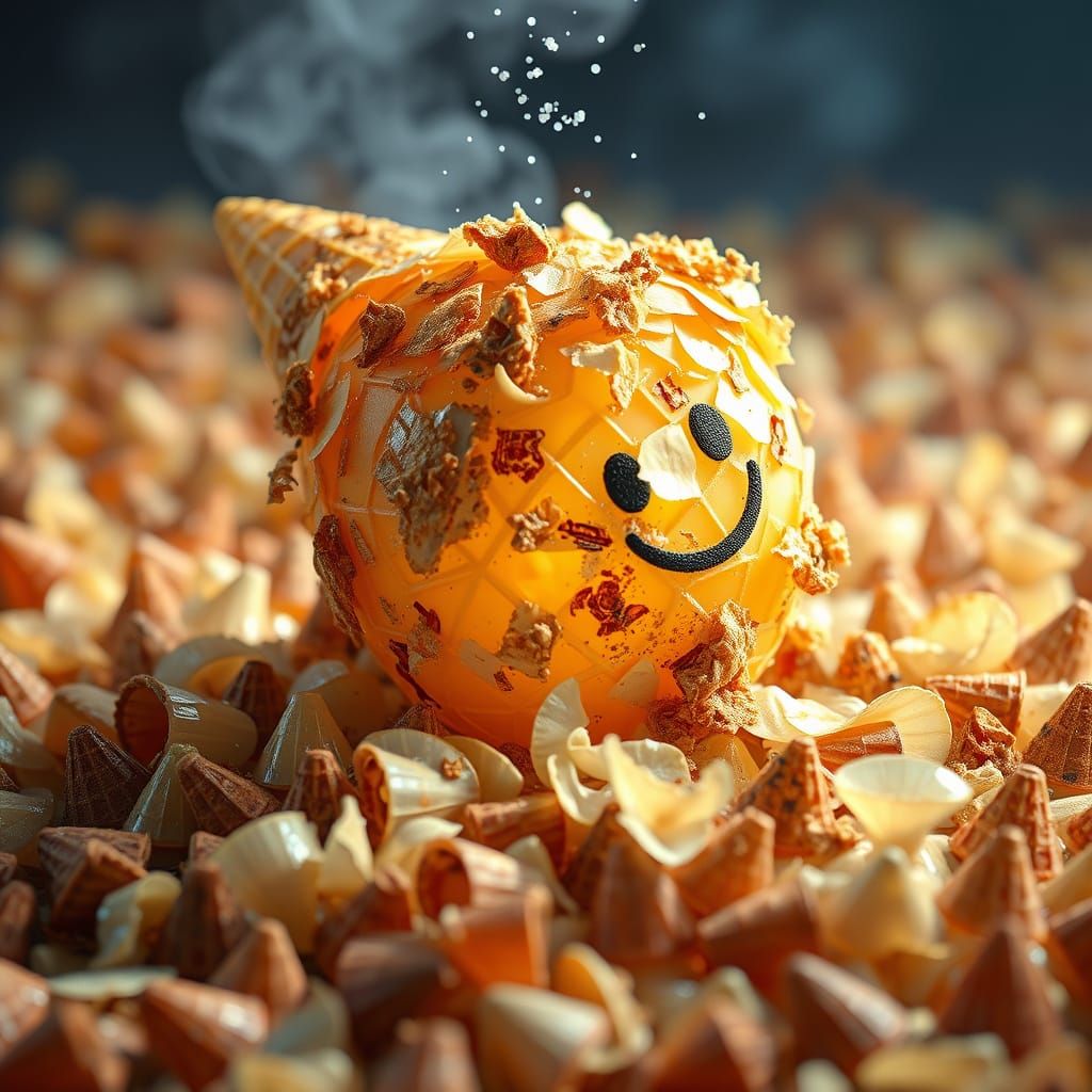 Char-Grilled Glass Cone Diorama with Plastic Debris