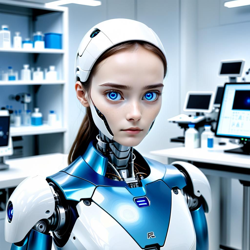 Blonde Female Robot with Human Face in Lab