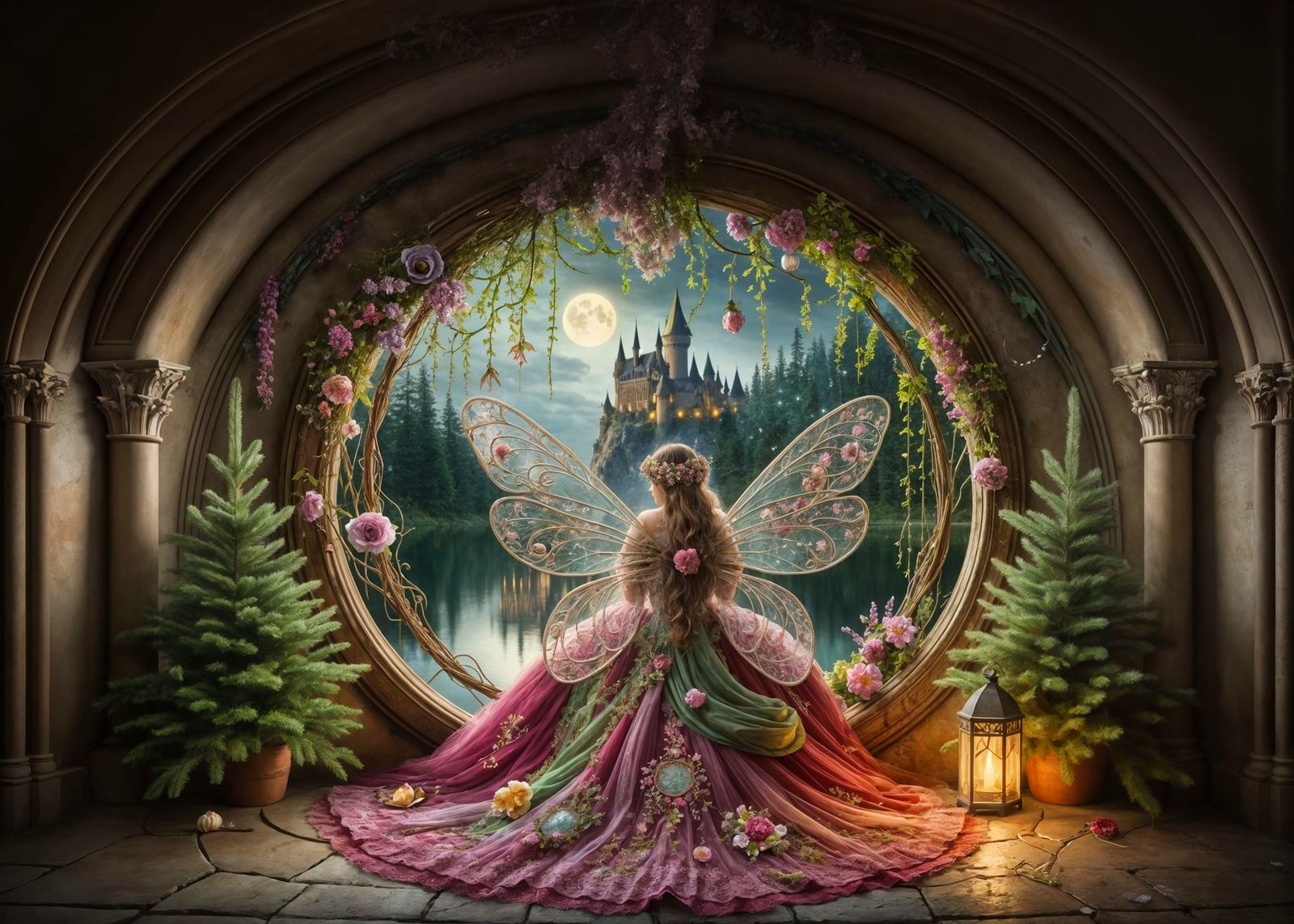 Ethereal Fairy at Floral Window Gazing at Castle