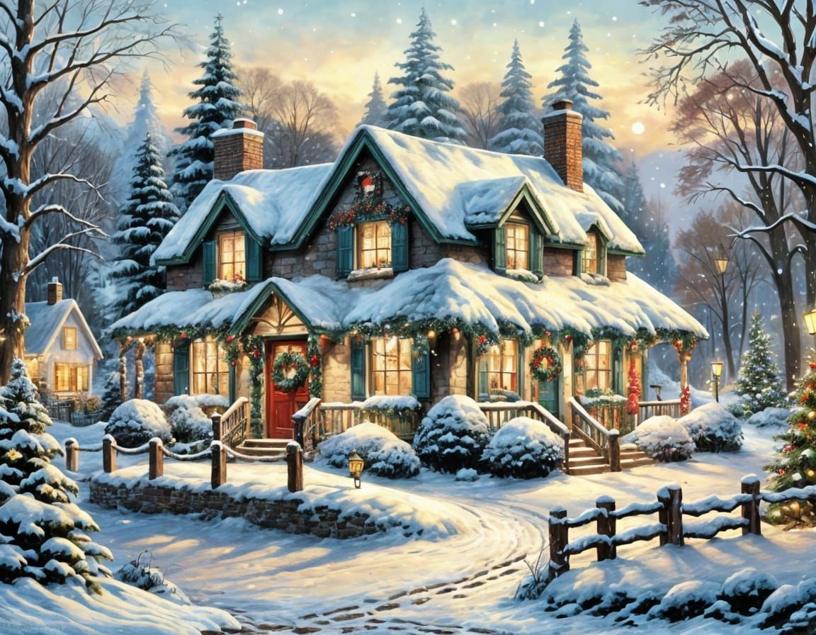 Charming Christmas Cottage in Painterly Style
