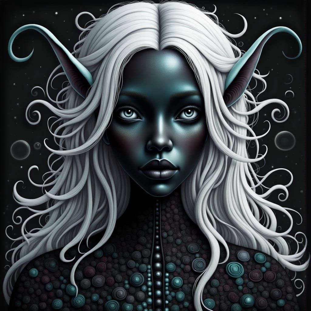 Drow Elf Portrait with White Hair and Eyes