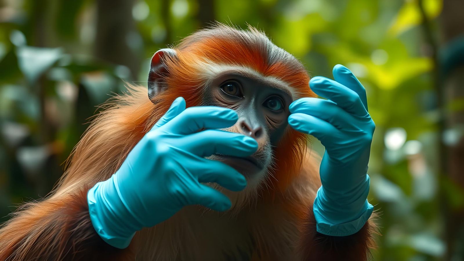 Monkey Tries On Medical Gloves in Rainforest