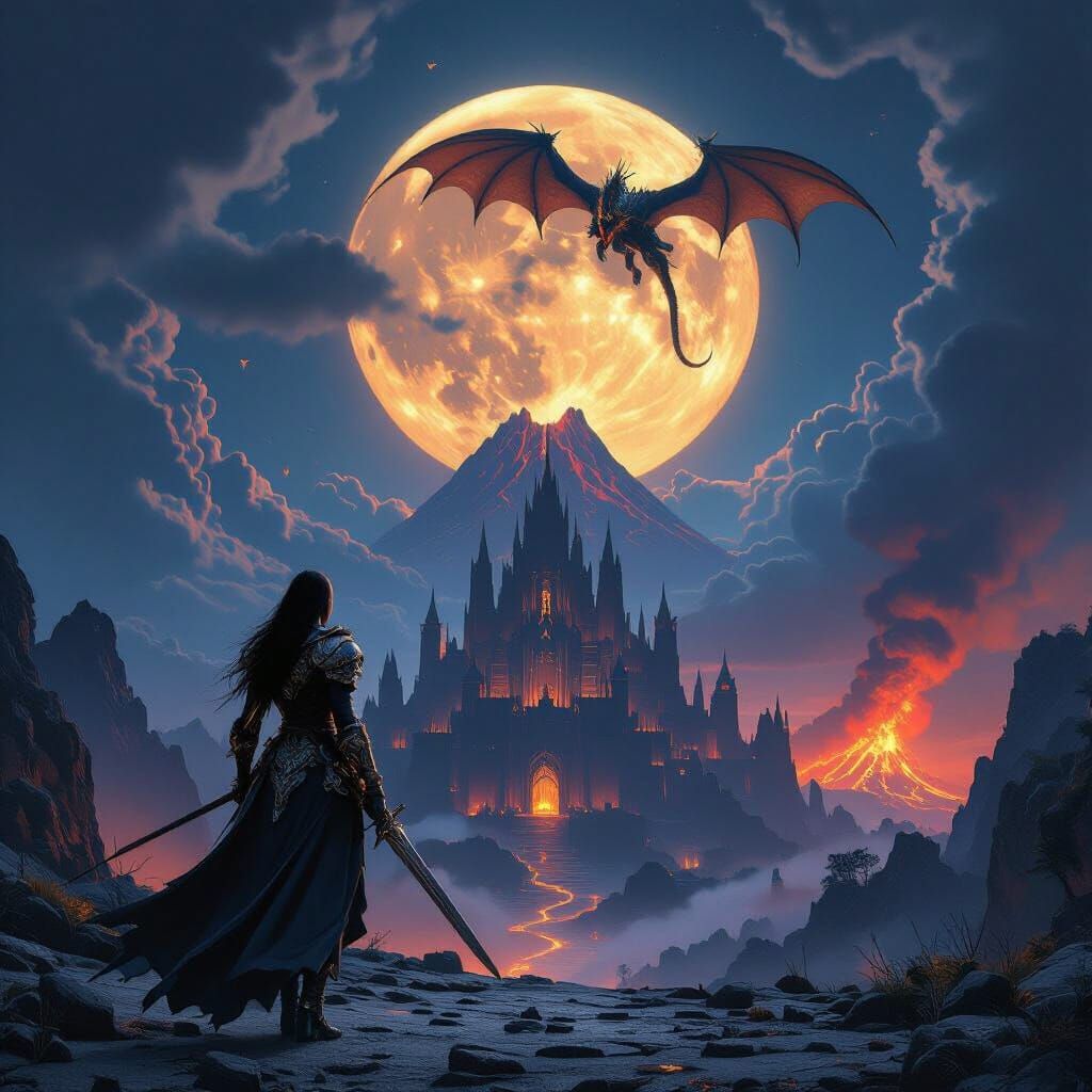 Warrior Approaches Evil Fortress with Dragon and Volcano