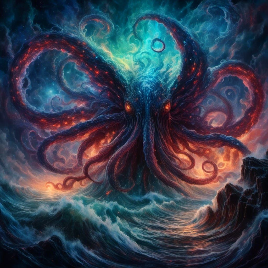 Cthulhu Kraken with Metal Wings and Aurora Sky