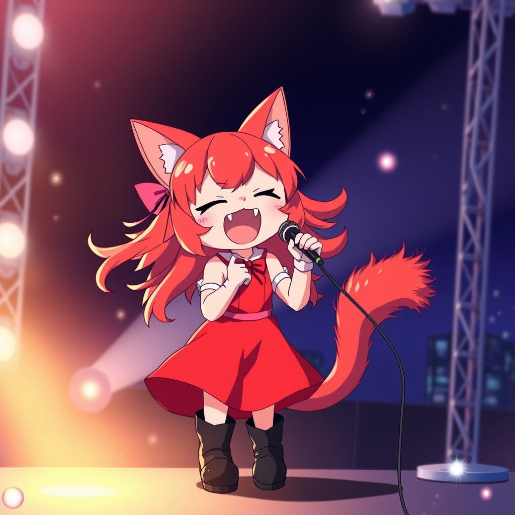 Anime Catgirl Singing on Stage with Dynamic Lighting