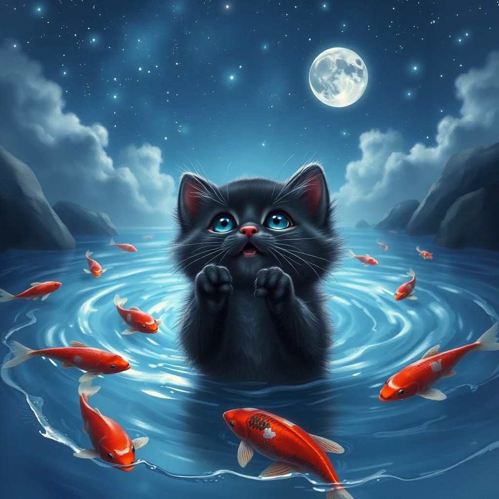 Whimsical Kitten Gazing at Starry Night Sky