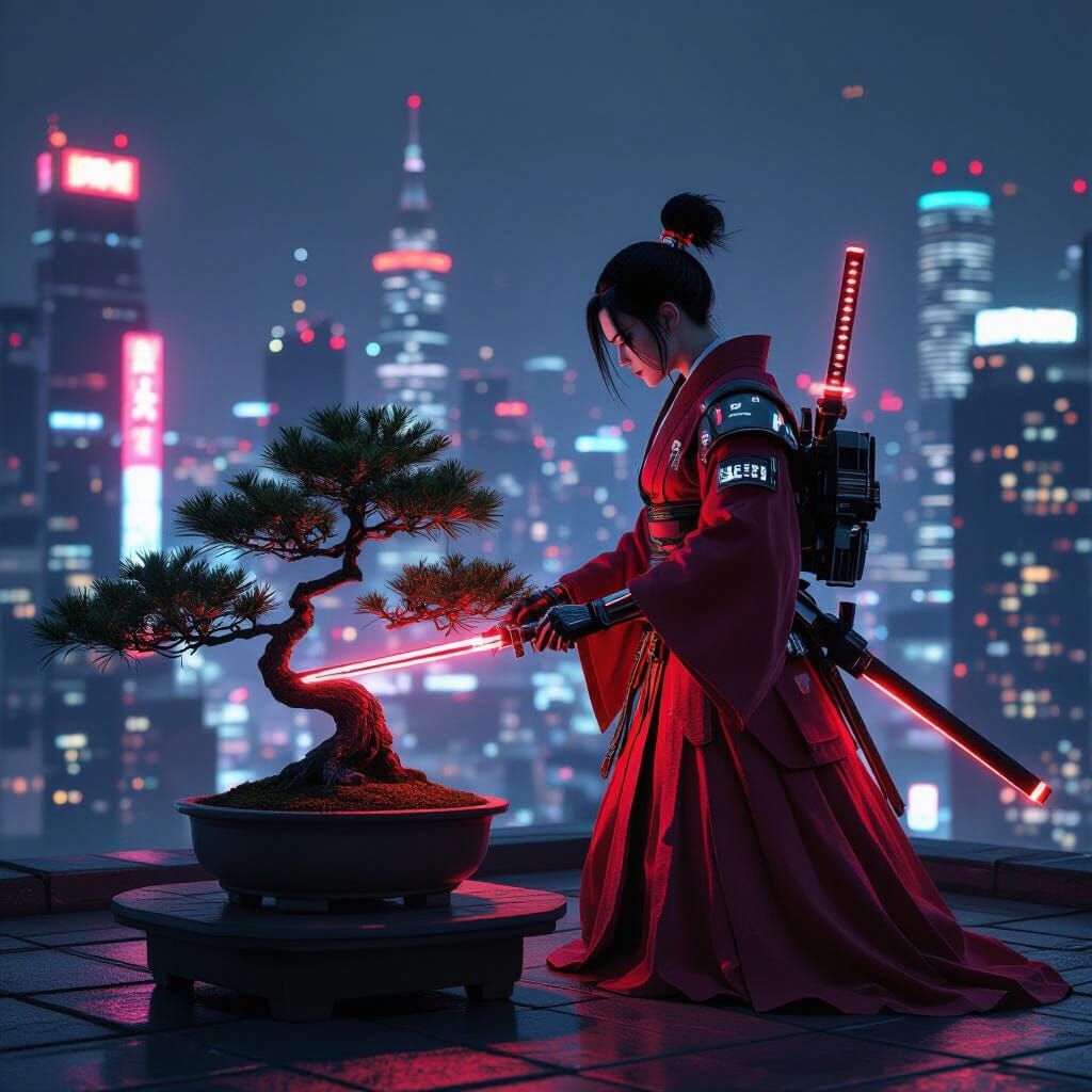 Cyberpunk Samurai: Rooftop Bonsai in Neon Metropolis