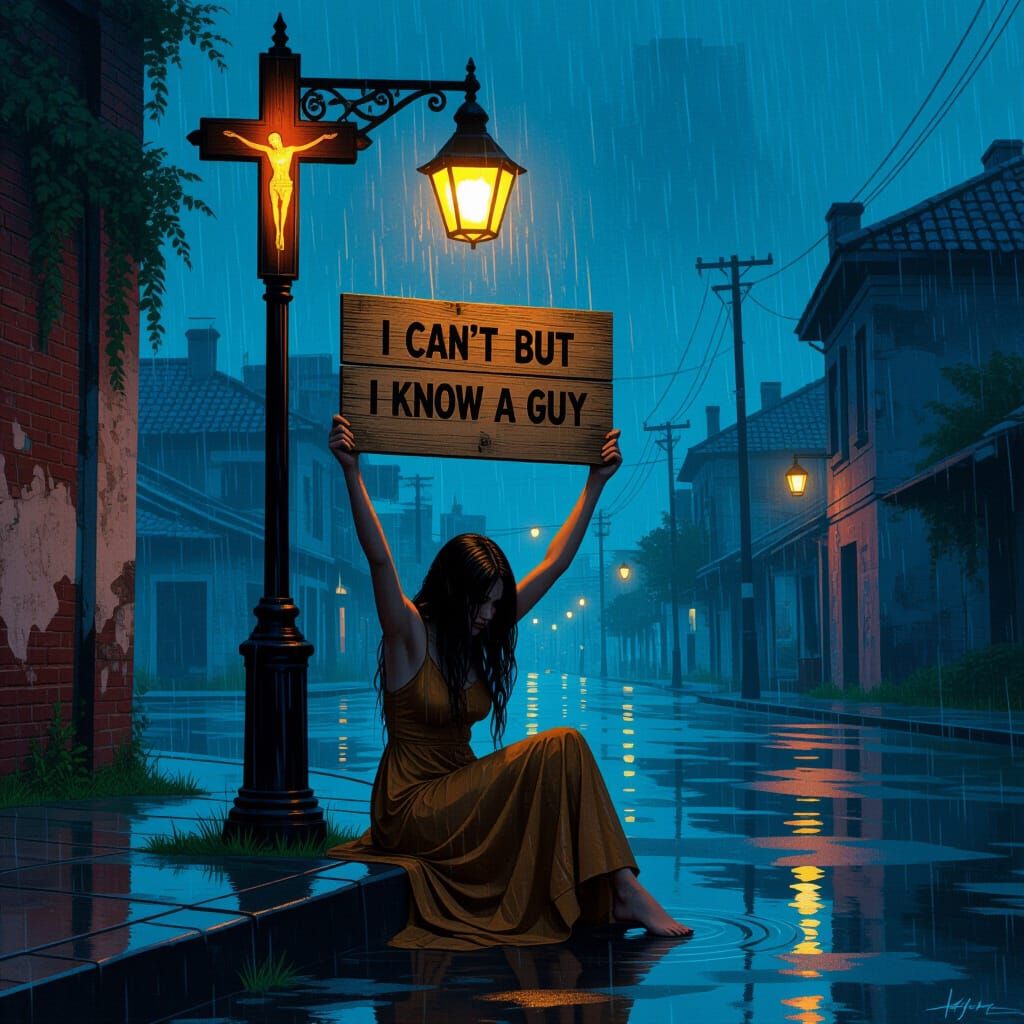Dystopian Woman with Sign in Rainy City