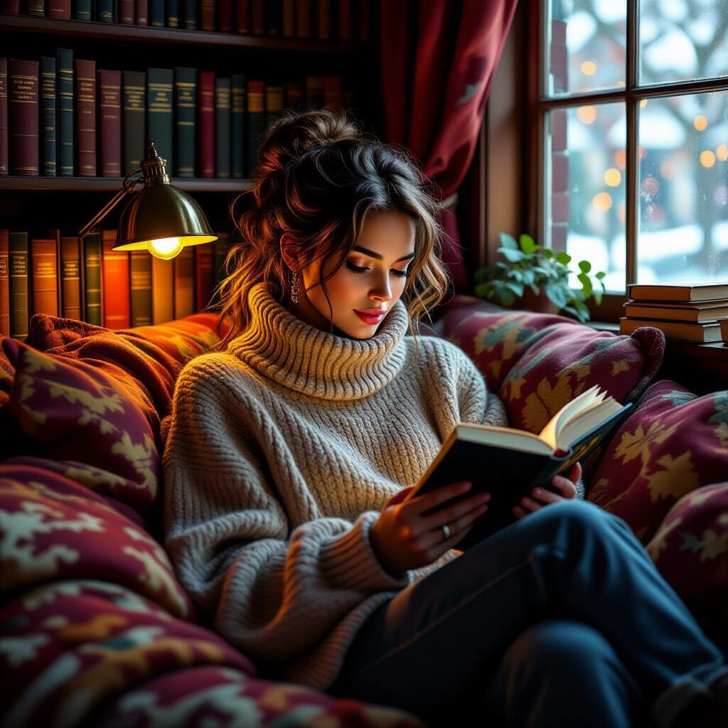 Cozy Reader in Library, Hyperrealistic Style
