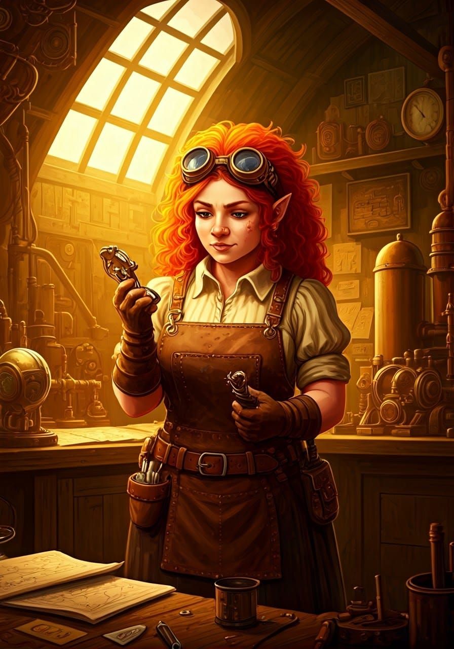 Steampunk Dwarf Artificer in Workshop, Rockwell Style
