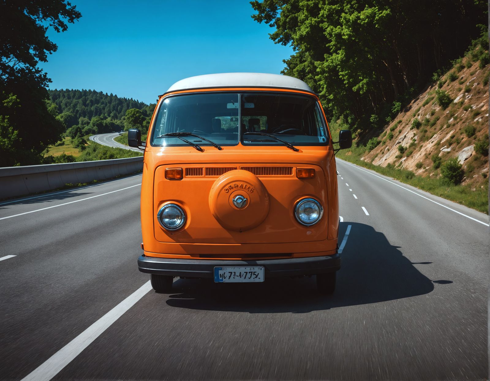 Orange Van on Highway in Hyperrealistic Style