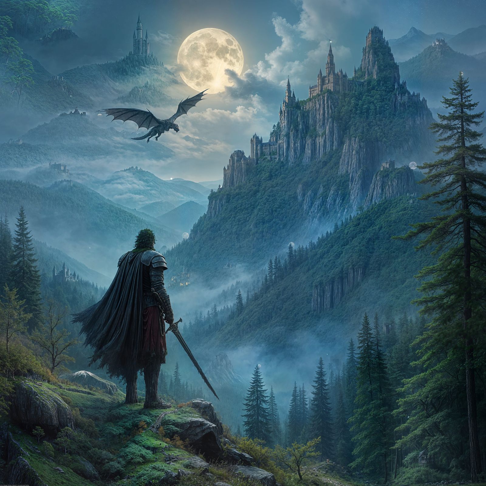 Heroic Warrior Contemplates Ancient Ruins Under Dragonlit Sk...