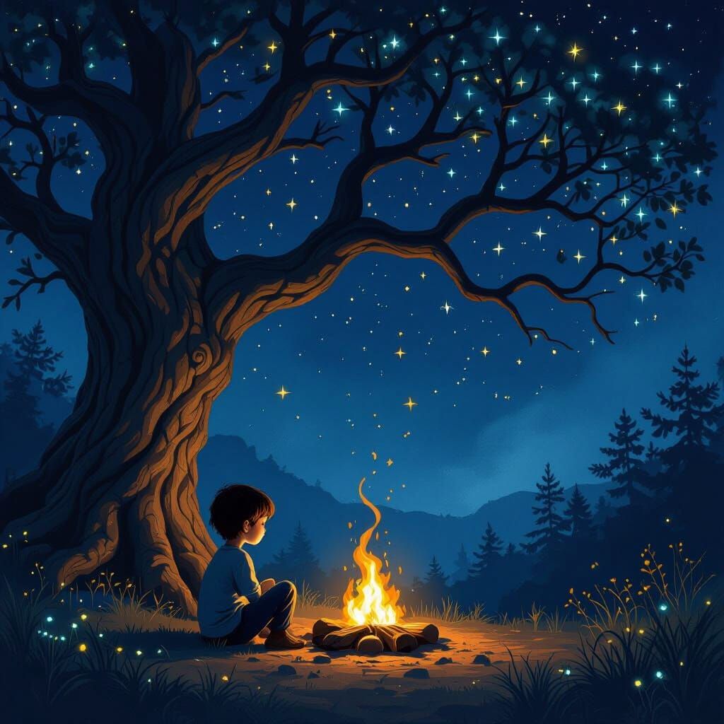 Child by Ancient Tree Lit by Campfire Glow