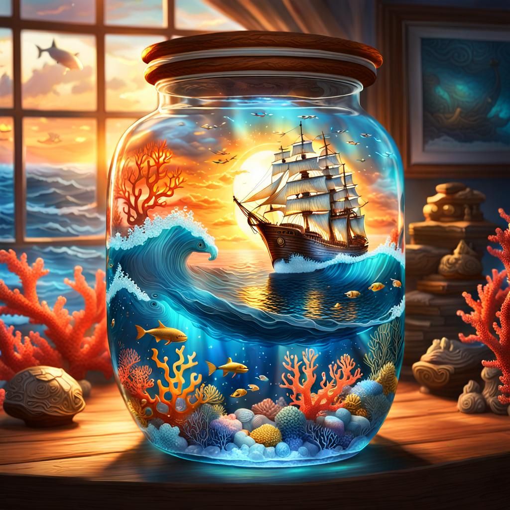 Seascape in Glass Jar, Fantasycore Digital Art